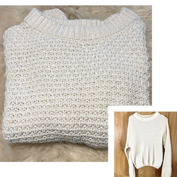 Cable Knit Pullover Thick Cream Oversized Cropped Sweater - Picture 1 of 3